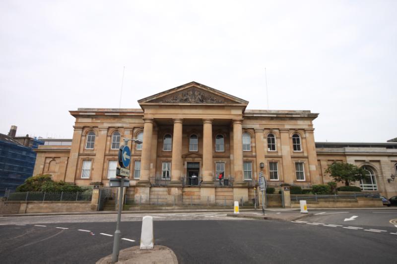 Dundee Sheriff Court, principal elevation, looking northwest, during daytime on an overcast day. 