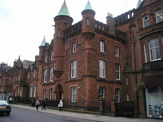 Dumfries Sheriff Court and Justice of the Peace Court, principal elevation, looking east, during daytime on an overcast day. 