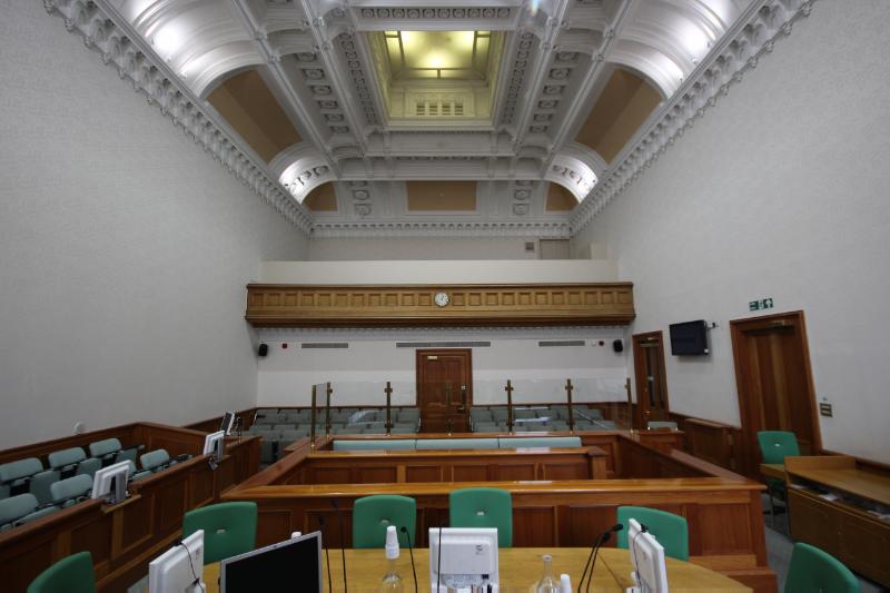 : Interior of courtroom 1, Dumfries Sheriff Court and Justice of the Peace Court. 