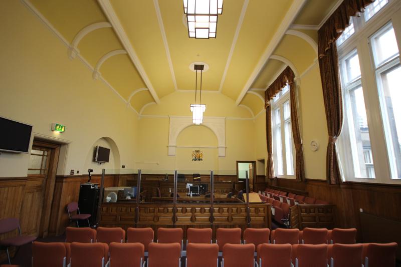 : Interior of principal courtroom, Kirkcaldy Sheriff Court.