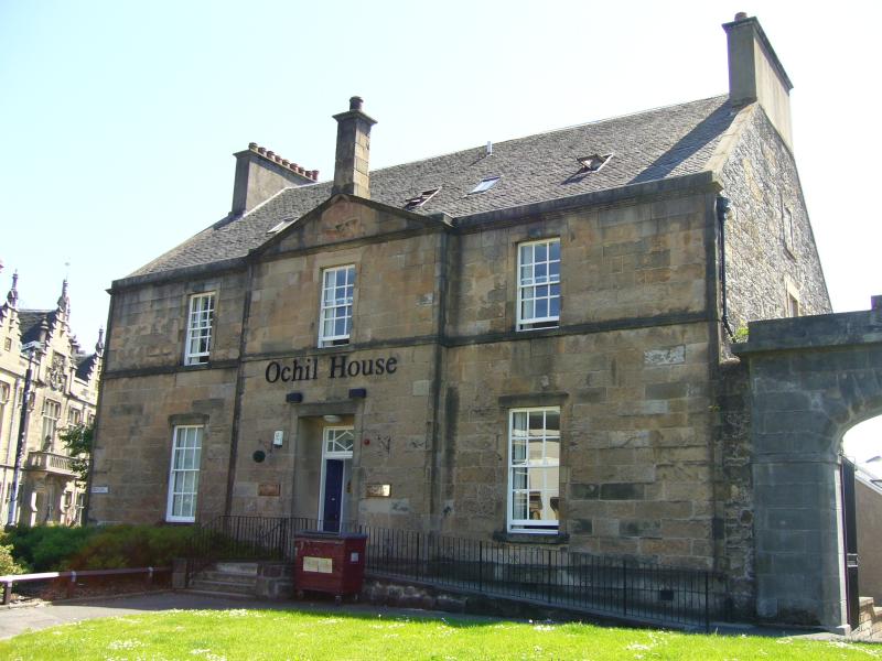 Ochil House, principal elevation, looking south, during daytime, on clear day with blue sky.