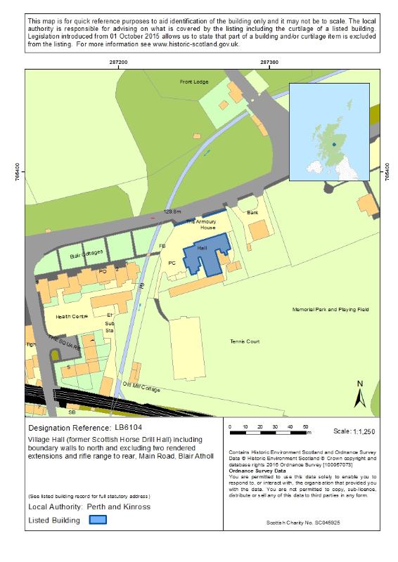 Map of Village Hall (Former Scottish Horse Drill Hall) Including Boundary Walls To North And Excluding Two Rendered Extensions And Rifle Range To Rear, Main Road, Blair Atholl