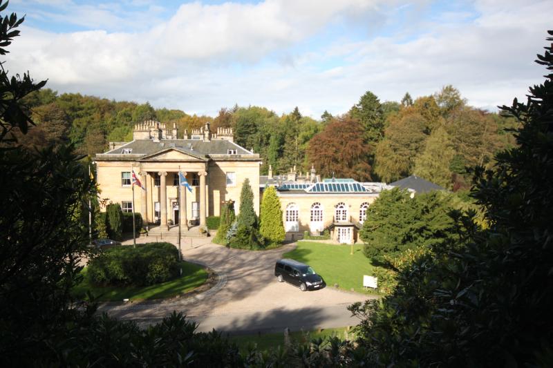 Balbirnie House, west elevation,  during daytime with blue sky