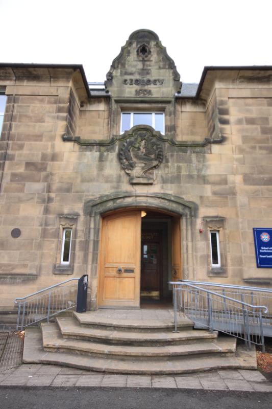 Grant Institute, University of Edinburgh, King’s Buildings, entrance elevation, with steps and ramp to foreground.