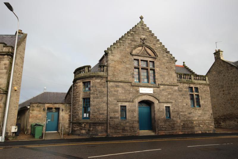 Harvest Centre (former St Giles Parish Church Hall), 10 Greyfriars Street, Elgin, principal elevation, looking north, during daytime on a cloudy day.
