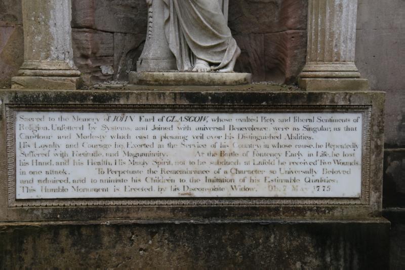 Monument to John, 3rd Earl of Glasgow, detail of inscriptive panel below statue
