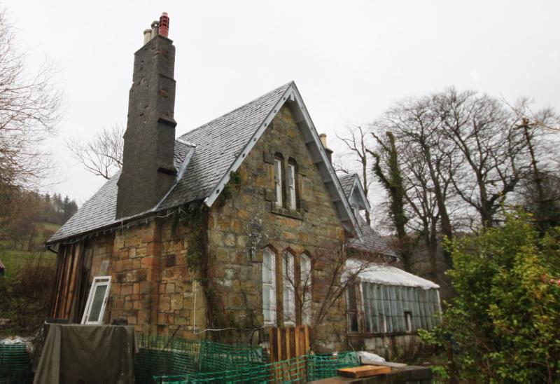 Garden House to the north of Kelburn Castle, looking southeast on a wet and cloudy day