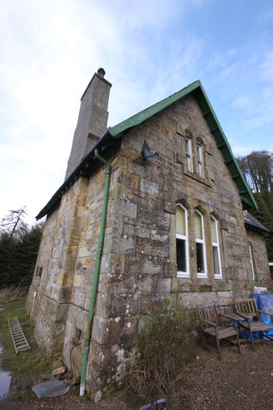 Detail of West Elevation, Gamekeeper’s Cottage to the north of Kelburn Castle on a wet and cloudy day