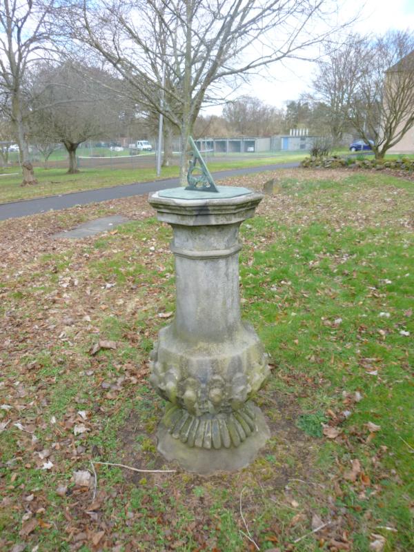 Sundial to west of Craigiehall House, South Queensferry, looking northwest, on cloudy day with cloudy sky.