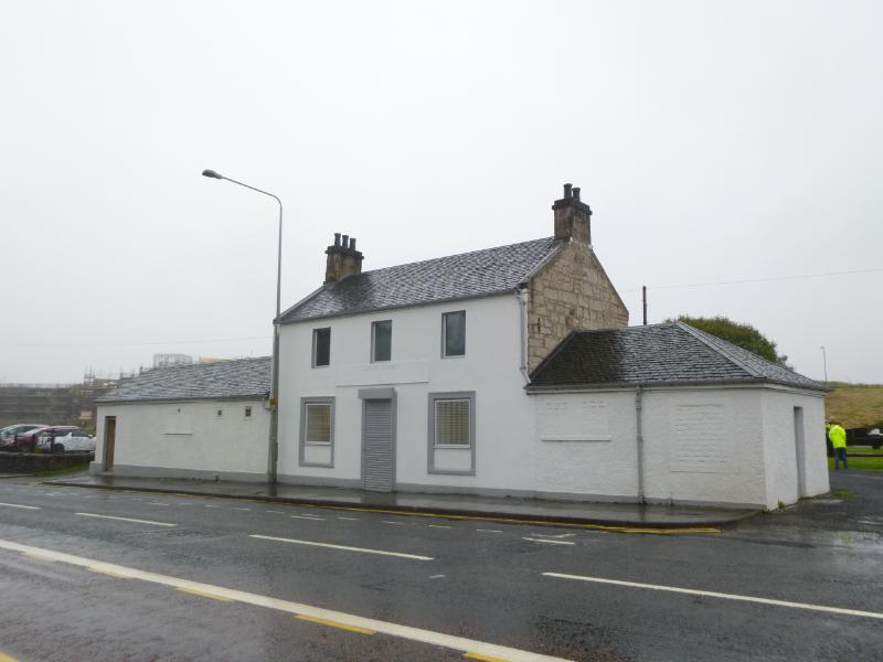The Whitehouse Inn, 1647 Maryhill Road, Glasgow, Forth and Clyde Canal, canal side elevation, looking southwest, during daytime on a cloudy day.