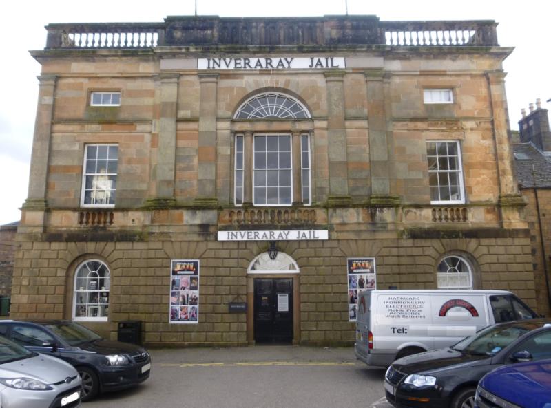 Former Inveraray Court House, principal elevation, looking southeast with cars in the foreground