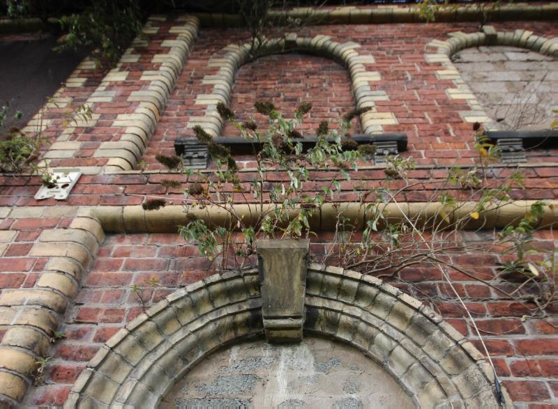 Close up of window surrounds showing moulded brick and keystone details of south elevation at former Ingleside Works