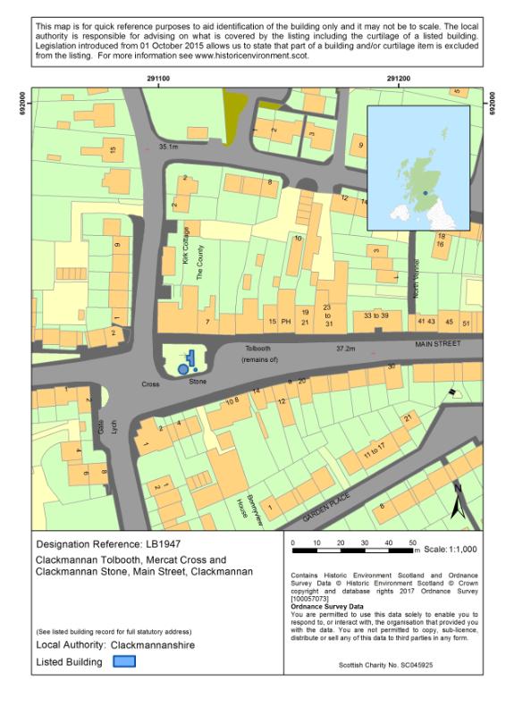 Map of Clackmannan Tolbooth, Mercat Cross and Clackmannan Stone, Main Street, Clackmannan