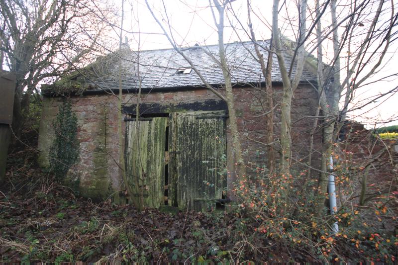 Kirkton Farm Building, Inverkeilor, roofed section to southeast, principal elevation, looking southwest, during daytime with blue sky.