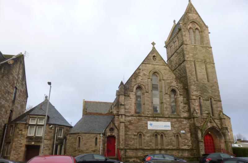 Greenock Elim church, Kelly Street, Greenock, southeast elevation, during daytime with cloudy sky.