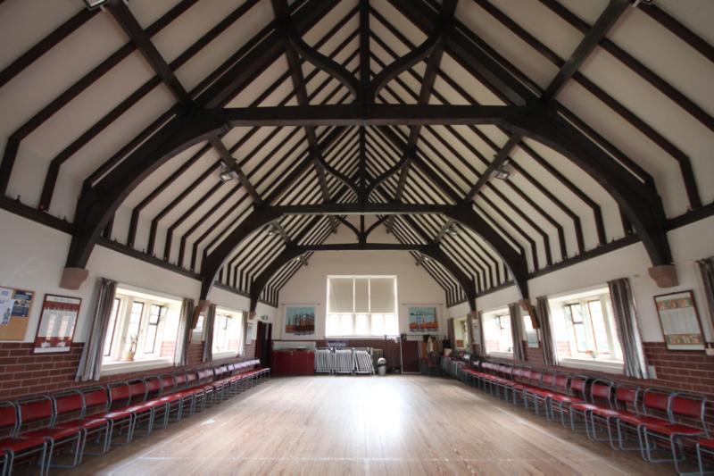 Interior of Pirrie Hall with hammerbeam roof.