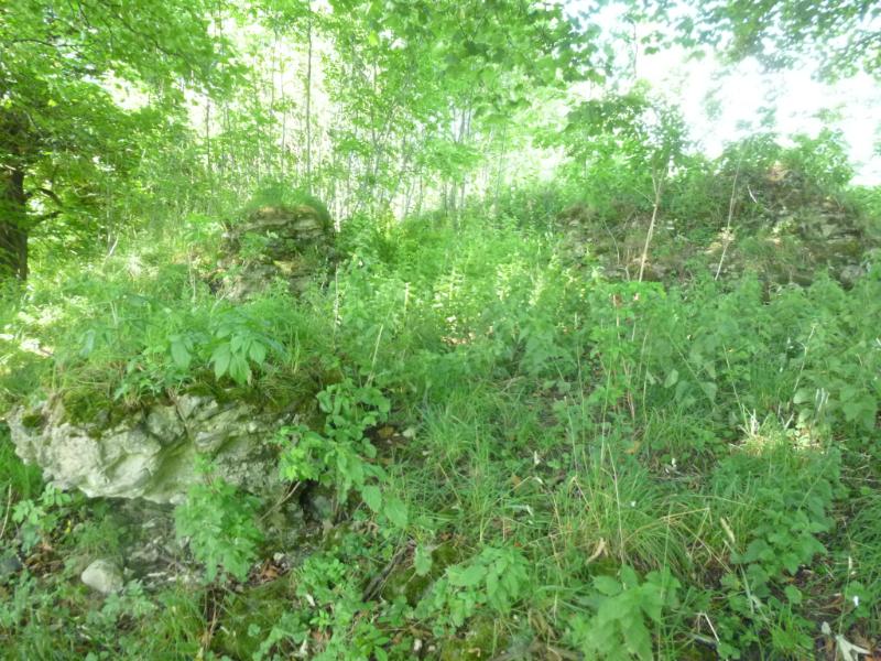 Castle Hill, mortared stone wall fragments, looking northeast, during daytime