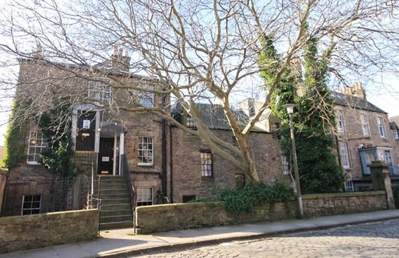 North elevation to Meadow Lane, 6 And 8A Hope Park Square, Edinburgh, tree in foreground.