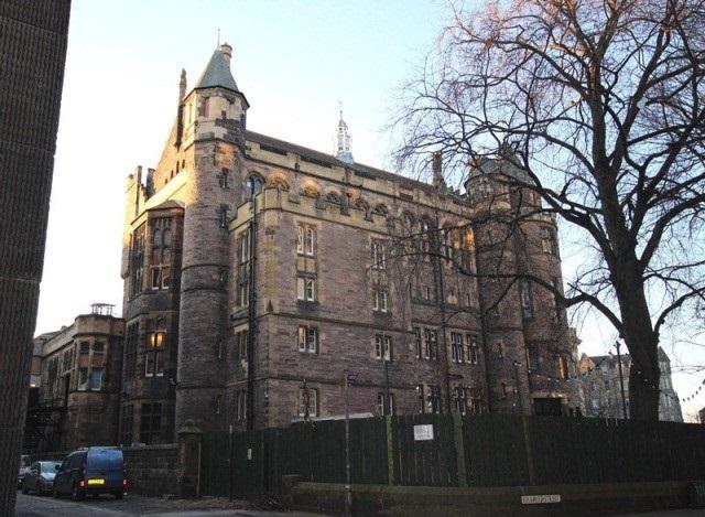 East Elevation, University of Edinburgh, Students Union, Teviot Row House, 22-23 Teviot Row, Edinburgh - on a clear winters day, leafless tree in foreground.