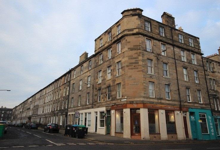 East elevation, 7-57 Montague Street and 75-79 St Leonard’s Street, Edinburgh, taken on a cloudy day.