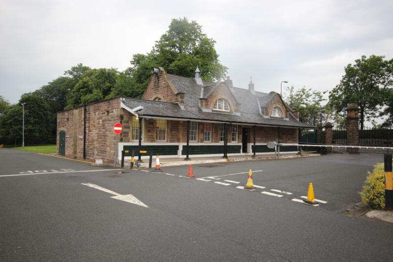 Guard House, Redford infantry barracks, Colinton Road, Edinburgh, principal (northeast) elevation, during daytime on a dull day with cloudy sky.  
