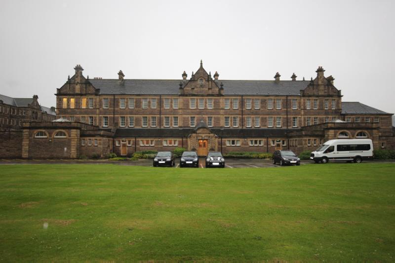 Officers’ Mess, Redford infantry barracks, Colinton Road, Edinburgh, north elevation, during daytime on rainy day with grey sky. 