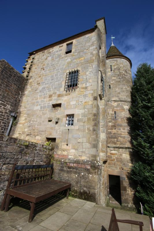 Cross House within east range at Falkland Palace viewed from south on a clear day with blue sky