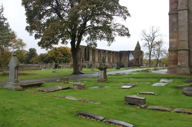 Dunfermline Abbey, looking southwest towards the Frater Hall on a dull day