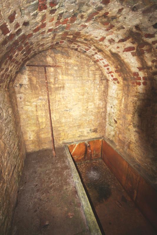 Interior of Cally Bath House showing vaulted ceiling and bath with inflow pipe.