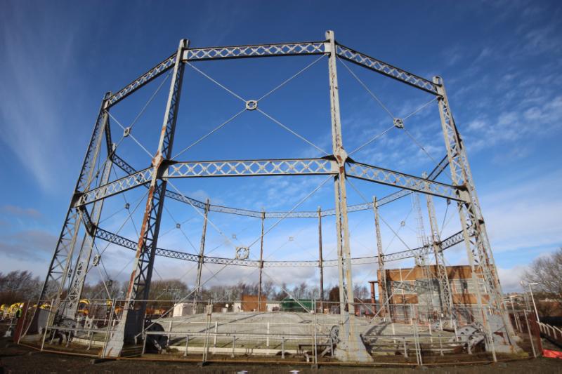 Gasholder Number 2, Grange Road, Dunfermline, general view, looking northwest, during daytime, on a clear sunny day. 