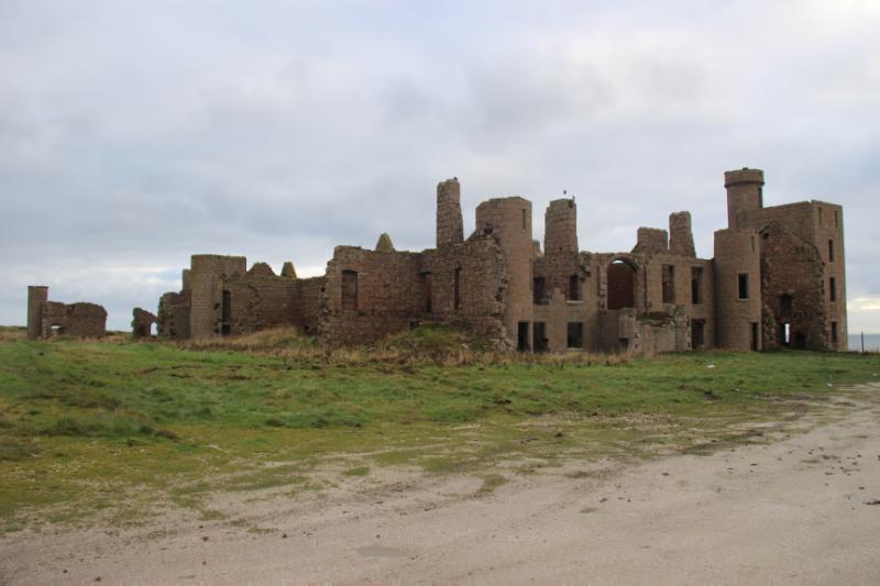 New Slains Castle, southwest and northwest elevation, looking east, during daytime with a cloudy sky