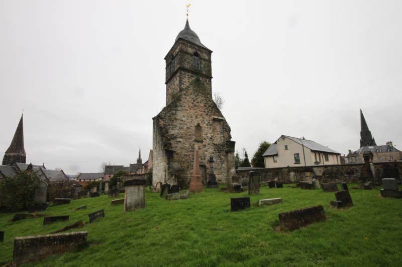 Alloa old parish church, from southeast, on a rainy day