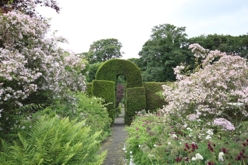 Arched opening in yew hedge, looking west within walled garden, during daytime, on a clear day with blue sky and white clouds. 