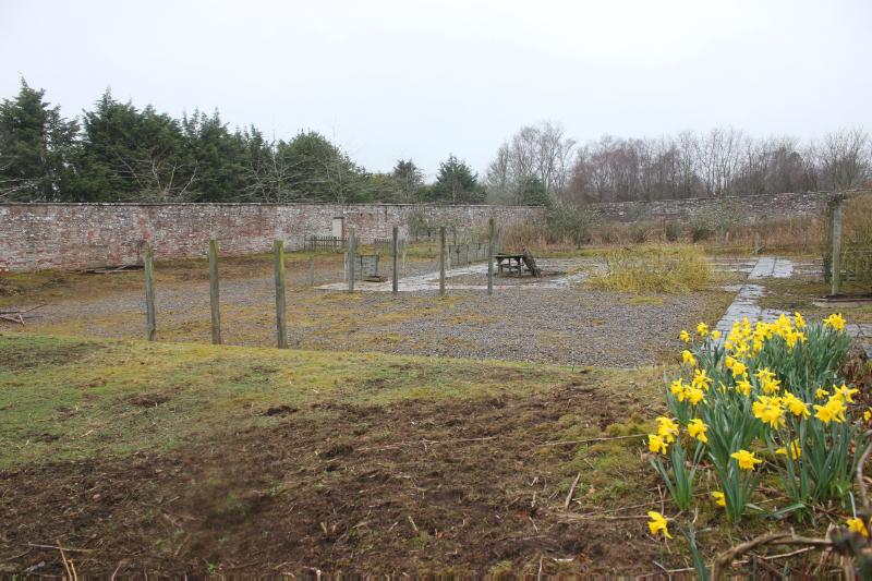 Noranside Walled Garden, interior, looking south west, during daytime, on rainy day.