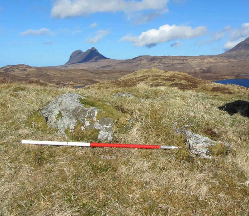 Glacbain, cairn and landscape view to the west, taken on a clear day.
