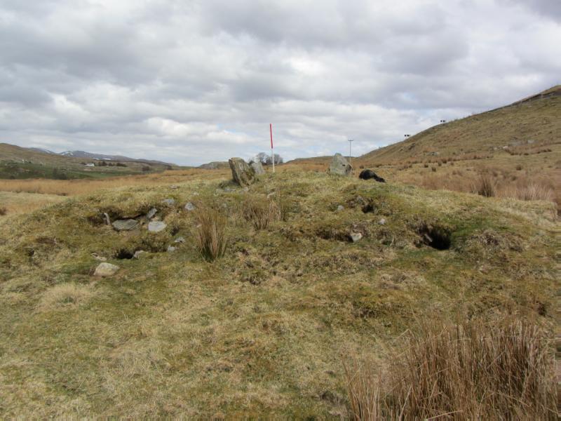 Burnside by Elphin – one of two chambered cairns (easternmost), looking east, in daylight. 