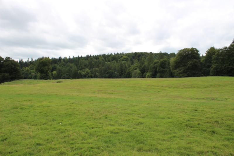 Drumlanrig, Roman fort and annexe, looking southwest across the location of the fort, during daytime, on clear day with cloudy sky.