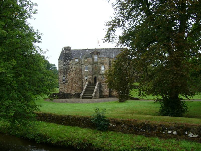 Rowallan Castle, principal elevation, looking northwest, on a cloudy day.