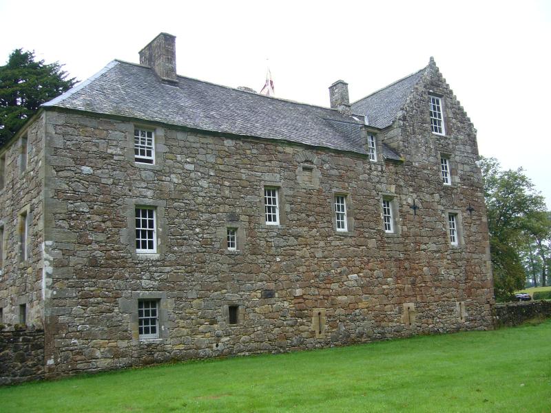 Rowallan Castle, exterior of the sourth range, looking northeast, on a cloudy day