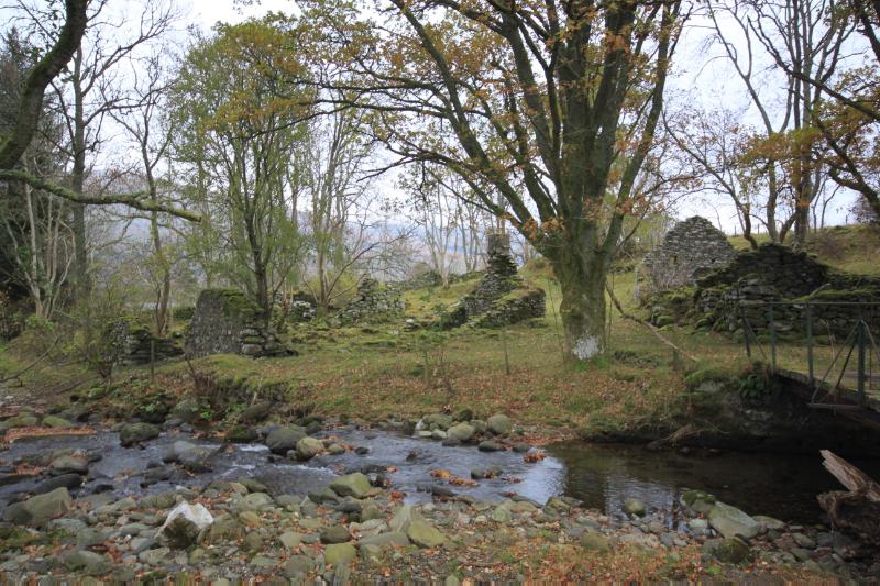 Old Lawers Village, looking southeast, during daytime, on a clear day with cloudy sky. 