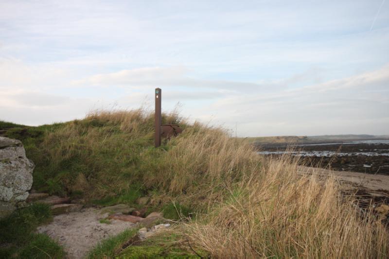 Crail Airfield, pillbox, view across mound containing pillbox, looking west, during daytime, on a dry day with partly clear sky. 
