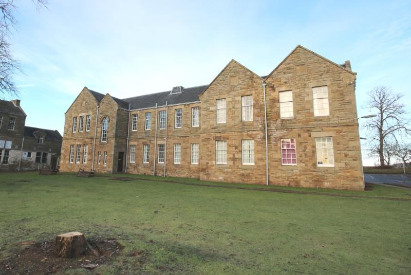 Former Fife and Kinross District Asylum, former female convalescent block, south elevation, looking north during daytime. 
