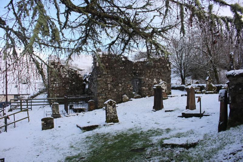 Kilbride Chapel, looking east, during daytime, on a snowy day