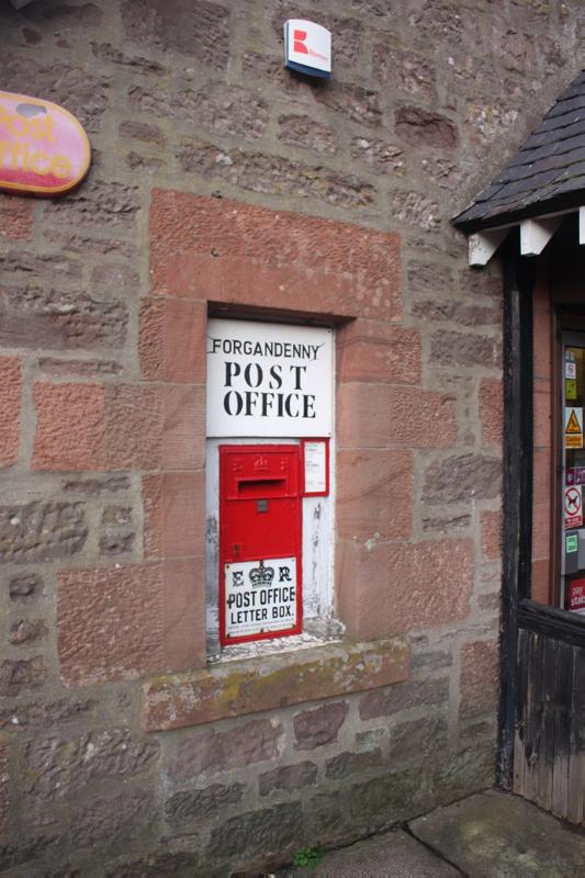 Edward VIII Post Box in the east gable wall of Forgandenny Post Office.