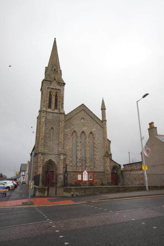 South and West Church, Buckie, principal west elevation, looking east, during daytime on overcast day.
