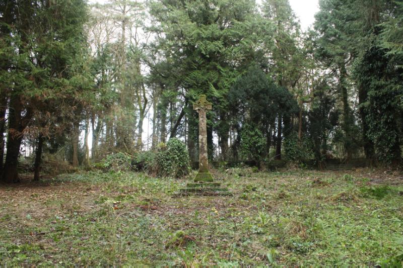 Burial ground at Coodham, with Celtic cross, principal elevation looking northeast, during daytime, on clear day. 