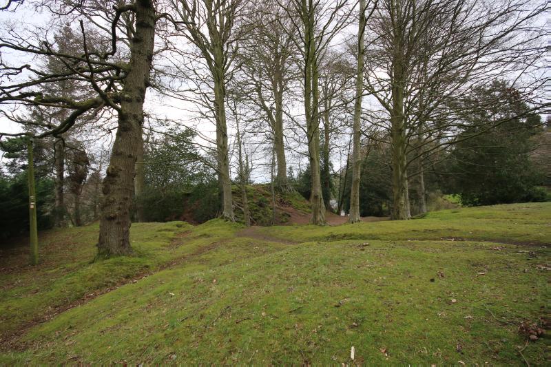Castledykes Park, motte and bailey, medieval castle and associated earthworks, looking north over the bailey towards the motte, on an overcast day.