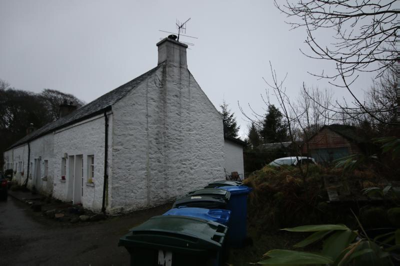 1-4 Lochandu Cottages, Bonawe, looking southeast on an overcast day.