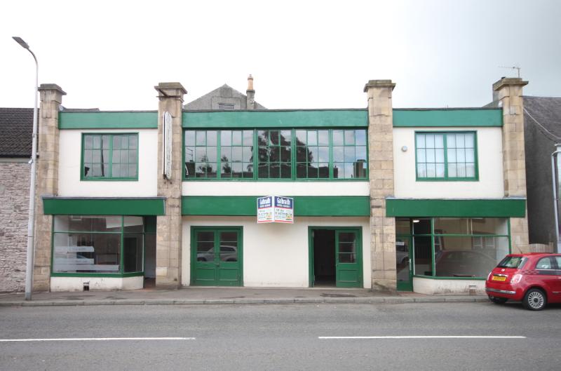 Former Auchterarder Picturehouse, principal elevation, looking south, during daytime, on clear day with white sky. 