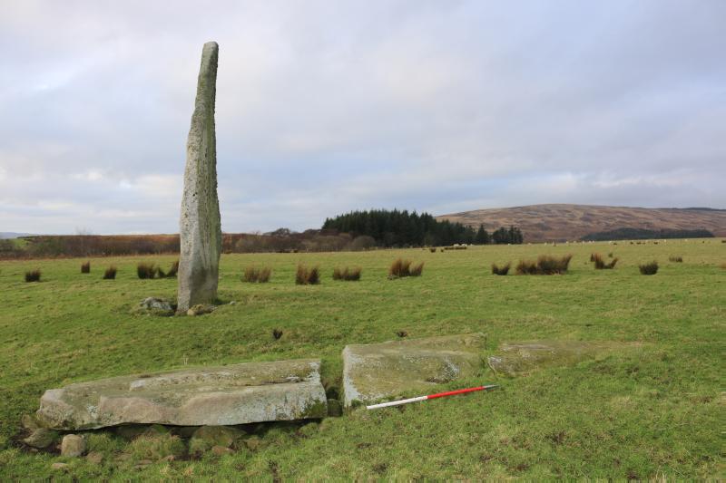 Standing stones at Druid Barn, view over broken and recumbent stone, looking west, on a dry, cloudy day.